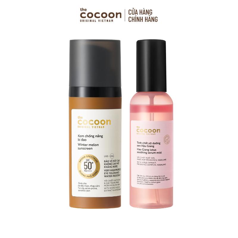 COMBO Kem chống nắng bí đao quang phổ rộng SPF 50 +, PA ++++ Cocoon 50ml + Serum dạng xịt cấp ẩm, căng bóng tự nhiên - Tinh chất xịt dưỡng sen Hậu Giang Cocoon 100ml