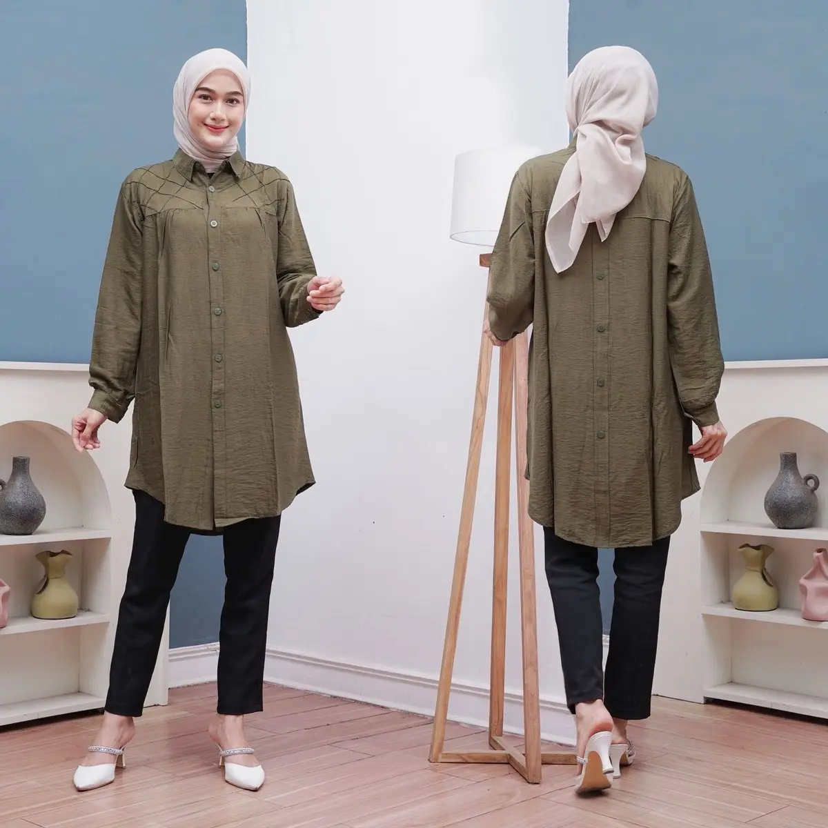Malayin19 Ghania tunik wanita katun polos polo linen kekinian Baju atasan Panjang dewasa variasi Kancing Muslim  Basic Hitam Kerja