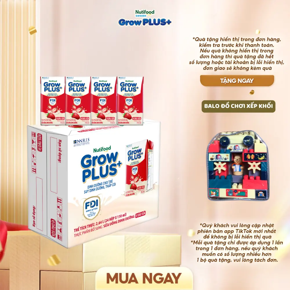 [VỊ DÂU SỮA/CHUỐI SỮA] Thùng 24 hộp Sữa bột pha sẵn Nutifood GrowPLUS+ Vị Dâu Sữa/ Chuối sữa hộp 110ml (24 hộp x 110ml)