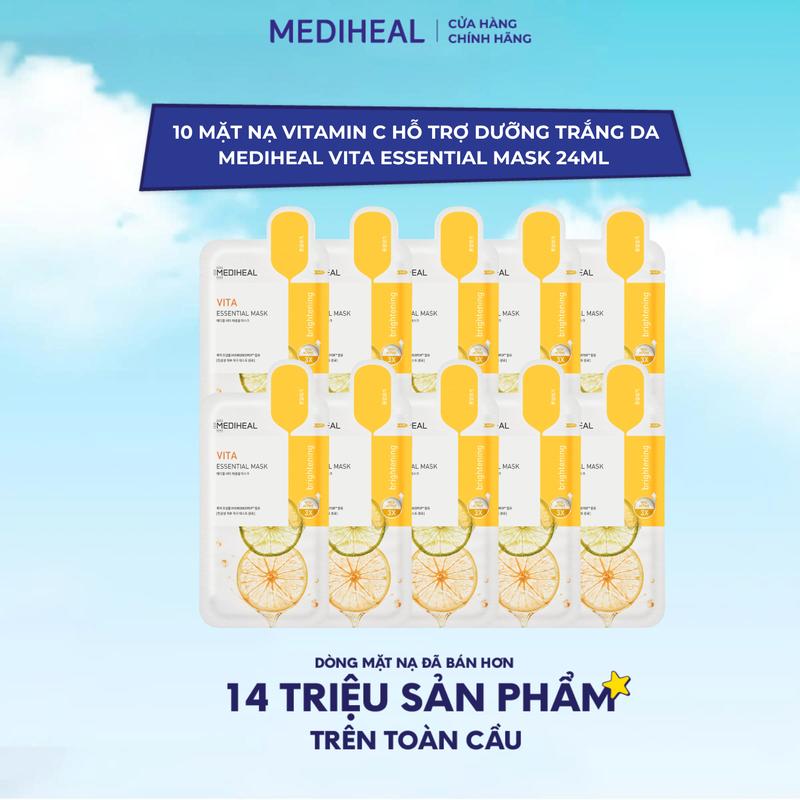 Hộp 10 Miếng Mặt Nạ Vitamin C Hỗ Trợ Dưỡng Trắng Da, Mờ Thâm Mediheal Vita Essential Mask 24ml 30/09