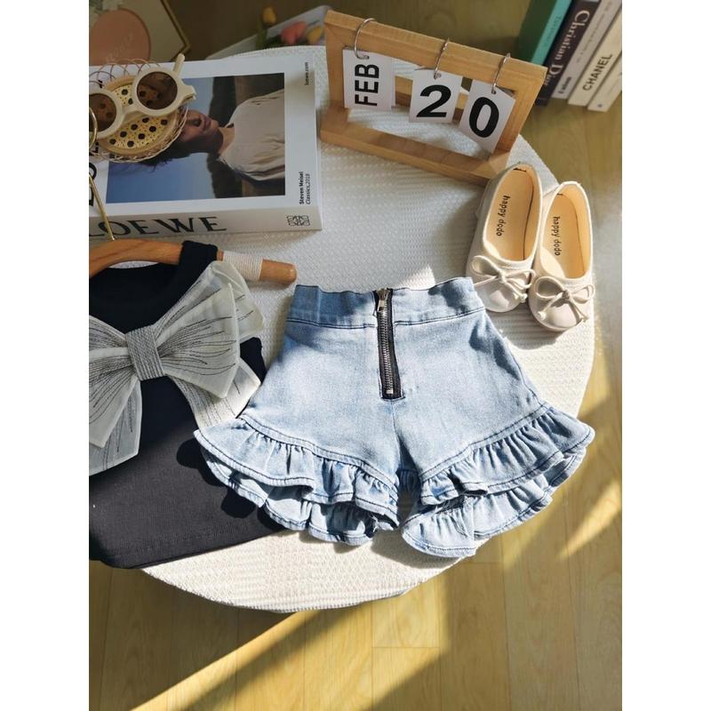 Setelan Anak Perempuan Import Knit Tanpa Lengan Pita Double Besar Punggung Short Pants Renda Terbaru 5