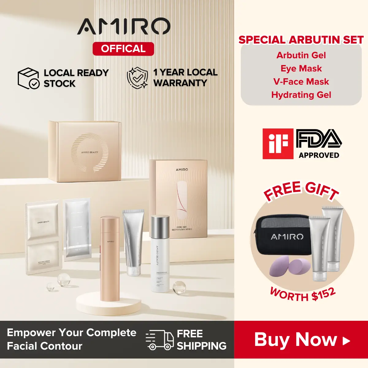 [BUY 1 GET 8] AMIRO R3 Arbutin Gift Box Turbo RF Facial Tightening Device, Comfort & Gentle Facial Device + 3% Arbutin Gel for Melanin / Erythema / Fine Lines / Wrinkles