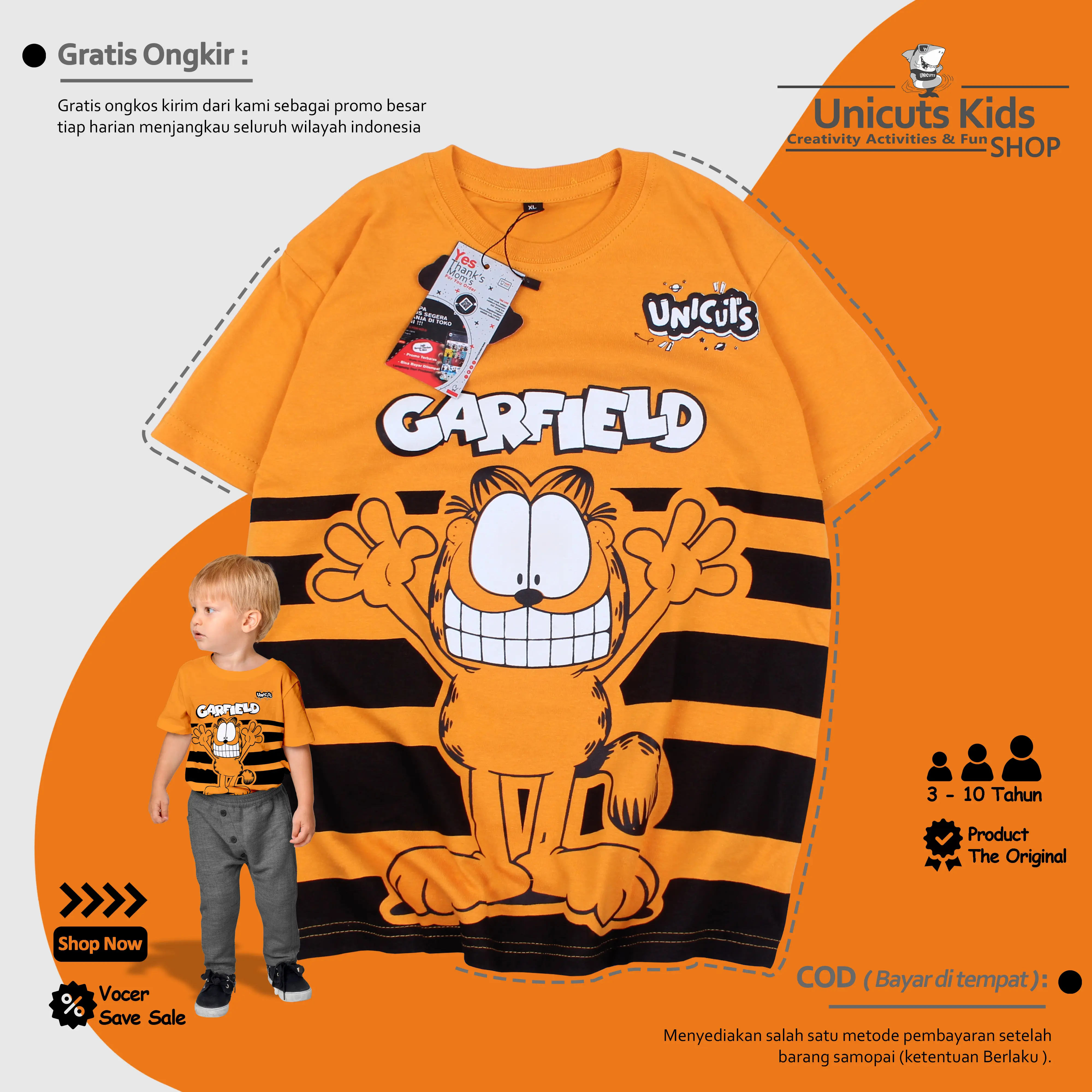 Kaos Anak Garfield / Baju Anak Laki Laki Dan Perempuan Cat Yellow Unicuts  3 Sampai 10 Tahun Bordir Pakaian