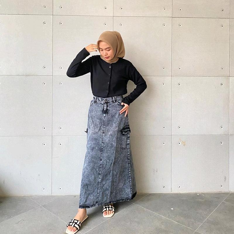 ROK KARGO JEANS Panjang Denim Karet Tebal Wanita Standar Katun A-Line Samping Melar Hitam Maxi Biru rok cargo tanpa belahan rok jeans span rok midi jumbo 6