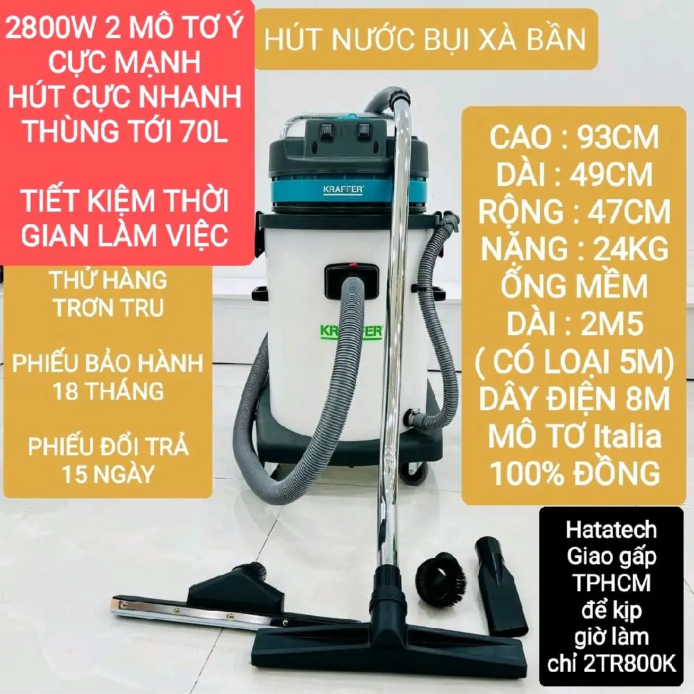 Máy hút bụi 2motor 70L công nghiệp 70L 2800W cực mạnh Kraffer, Bảo hành 18 tháng, công nghệ Đức