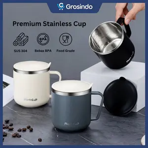 Cangkir Stainless Mini 300ML Gelas Cup Estetik Premium Anti Tumpah Dengan Tutup & Bebas BPA