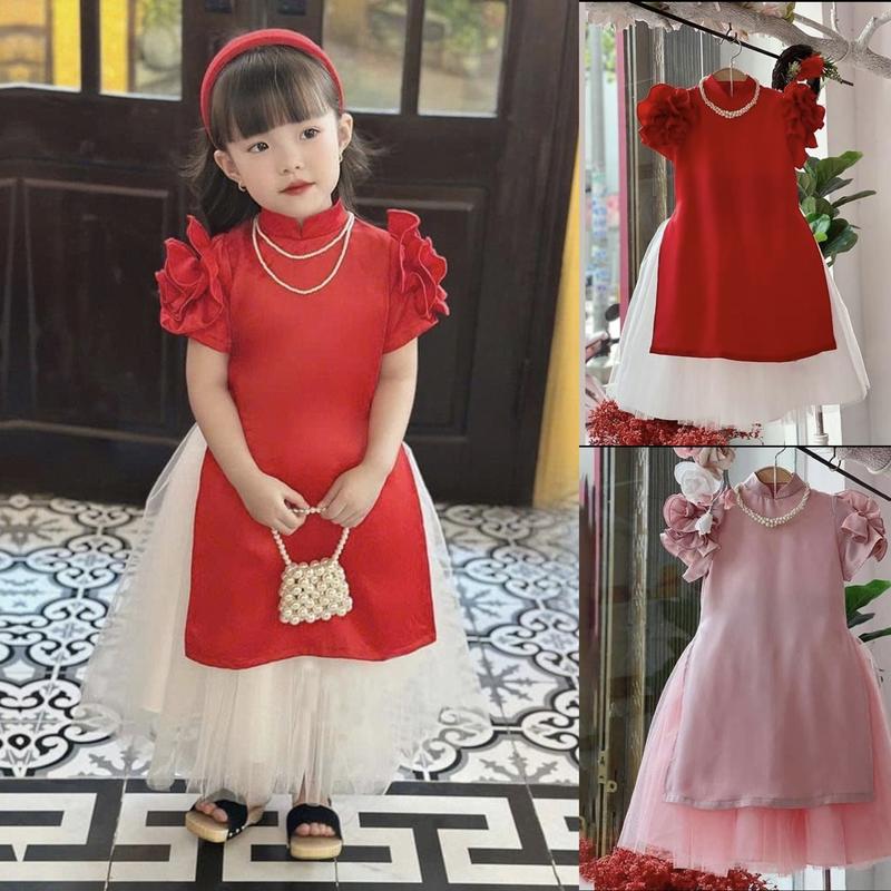 CT01 Áo dài lụa cho bé mặc ăn cưới không kèm vòng cổ đi chơi Tết bé từ 10- 40 kg