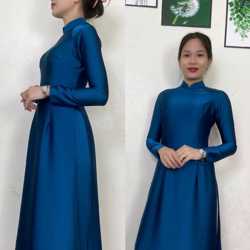 Áo Dài Lụa Tô Châu Màu Xanh Cổ Vịt cổ 3p tay dài phom dáng truyền thống Nữ Women's Dress _Áo Dài Việt