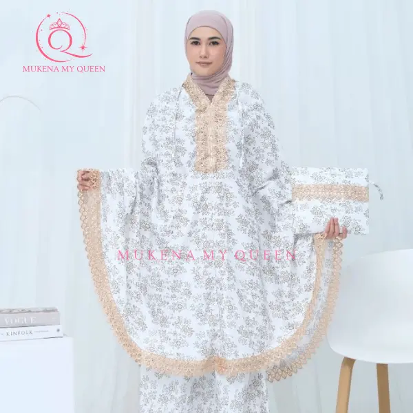 MyQueen - Mukena Dewasa 2in1 Checille Series Traveling Motif Bunga Full Printing Renda Mewah Jumbo Foil Premium Panjang Mukenah Wanita Cantik Remaja Muslim 5