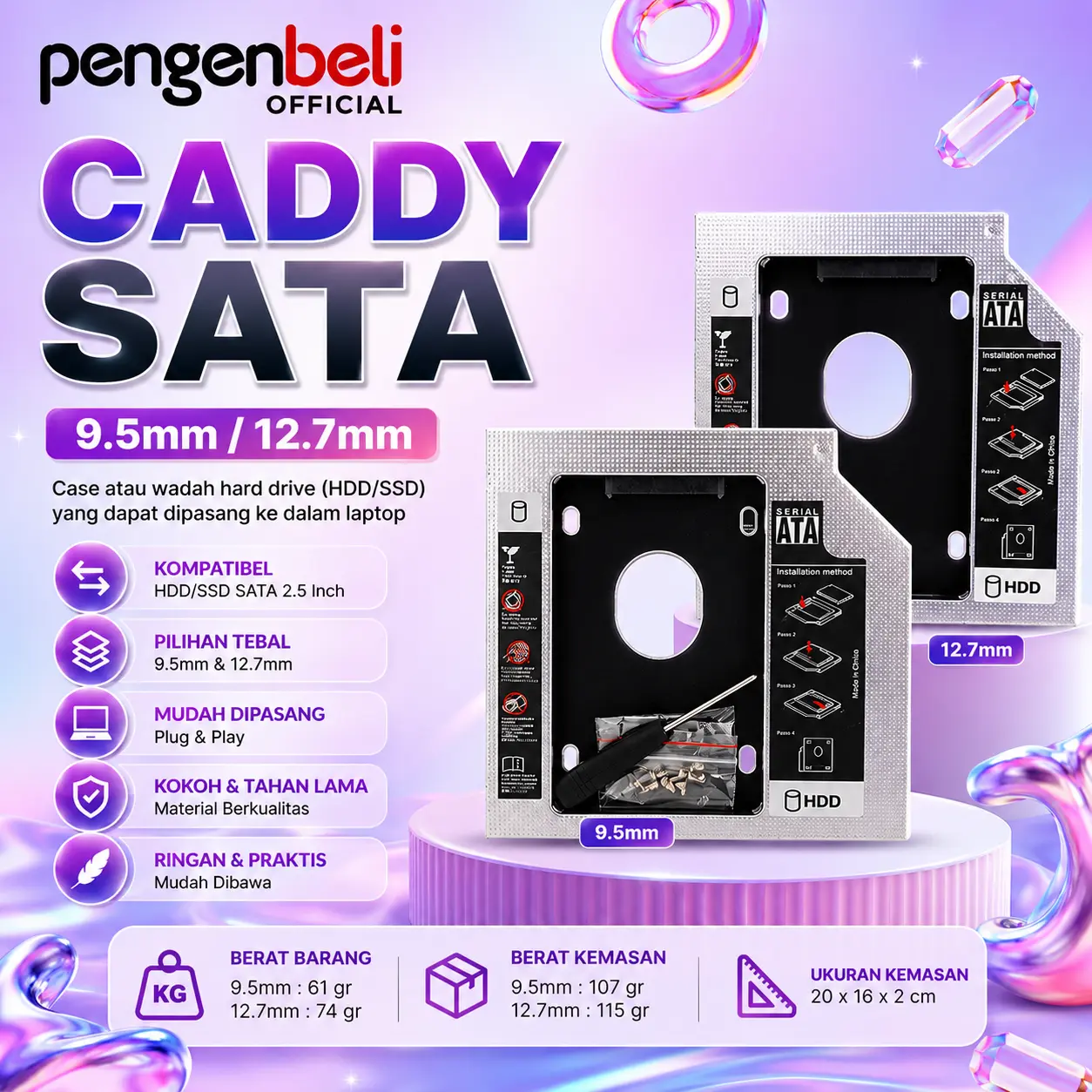 CADDY SATA 12.7 / 9.5 MM Universal Laptop Pengganti DVD Drive / DVD ROM Support HDD 2.5"