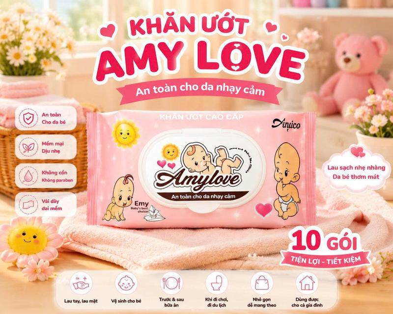 Combo 10 Khăn Ướt Amy Love Gói 450gr - Vải Dày -Không Mùi - An Toàn - Tiết Kiệm