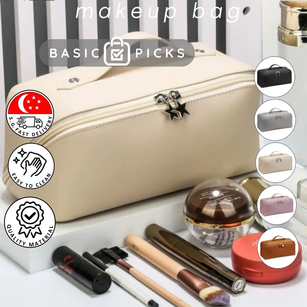 【SG STOCK】Portable Leather Cosmetics / Make up / Toiletry / Travel / Large Capacity Bag / Organizer Beauty kit