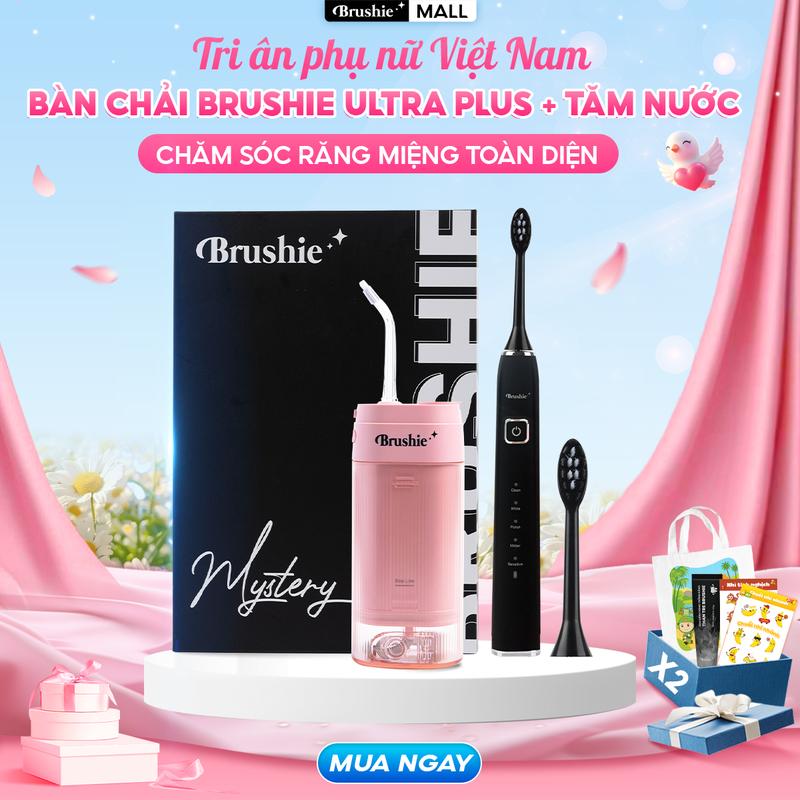 [FLASH SALE GIỚI HẠN] Combo bàn chải điện Brushie Ultra Plus chính hãng tích hợp đầu rửa mặt và Tăm nước mini Brushie SuperClean nhỏ gọn, tiện lợi - TẶNG 1 TÚI CANVAS + 1 KEM ĐÁNH RĂNG + 2 TẤM STICKER + 1 NƯỚC SÚC MIỆNG