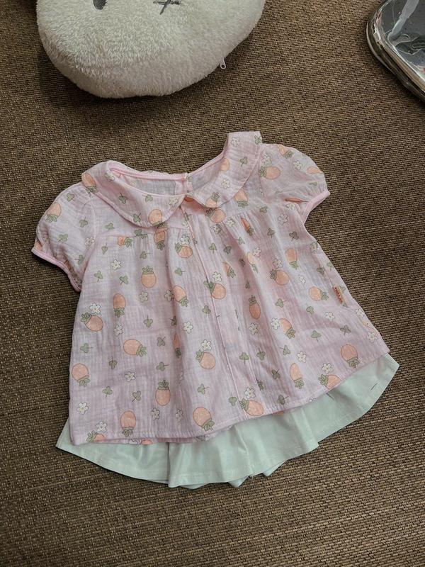  Set Áo Cổ Sen Cúc Sau Hồng Quả Dâu Kèm Quần Đùi Trắng 4C Dành Cho Bé Gái 