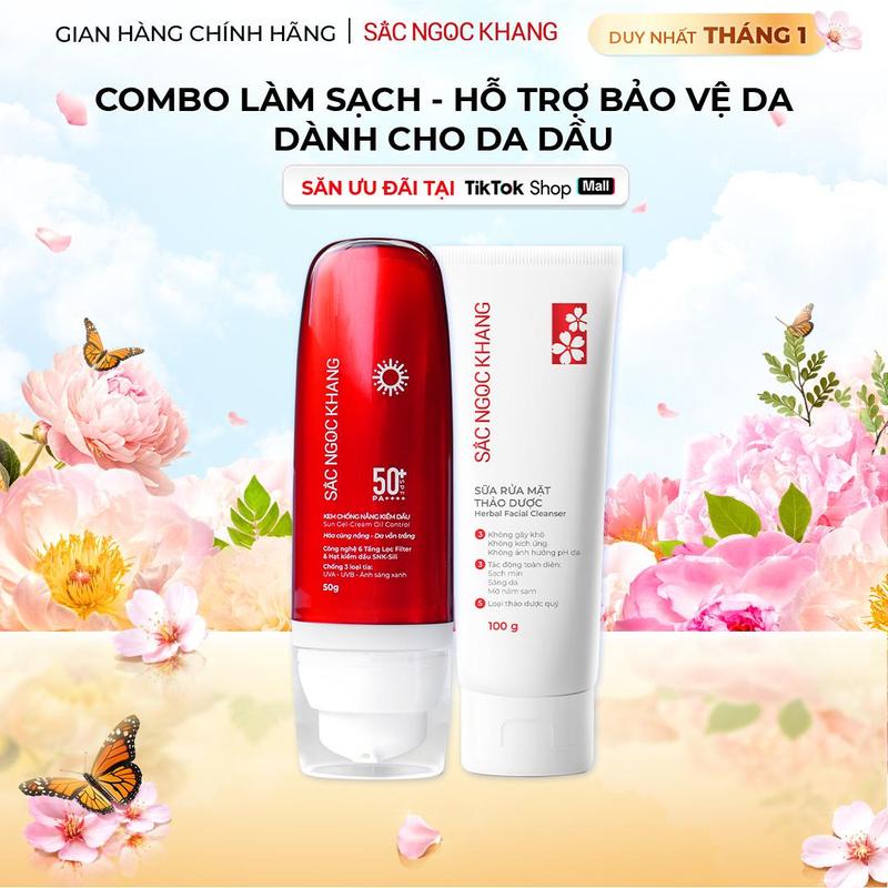 Combo Kem Chống Nắng Kiềm Dầu 50g & Sữa Rửa Mặt Thảo Dược 100g Sắc Ngọc Khang - Hỗ Trợ Nâng Tông Tự Nhiên Hạn Chế Lão Hóa Làm Đẹp Da Skincare Sunscreen