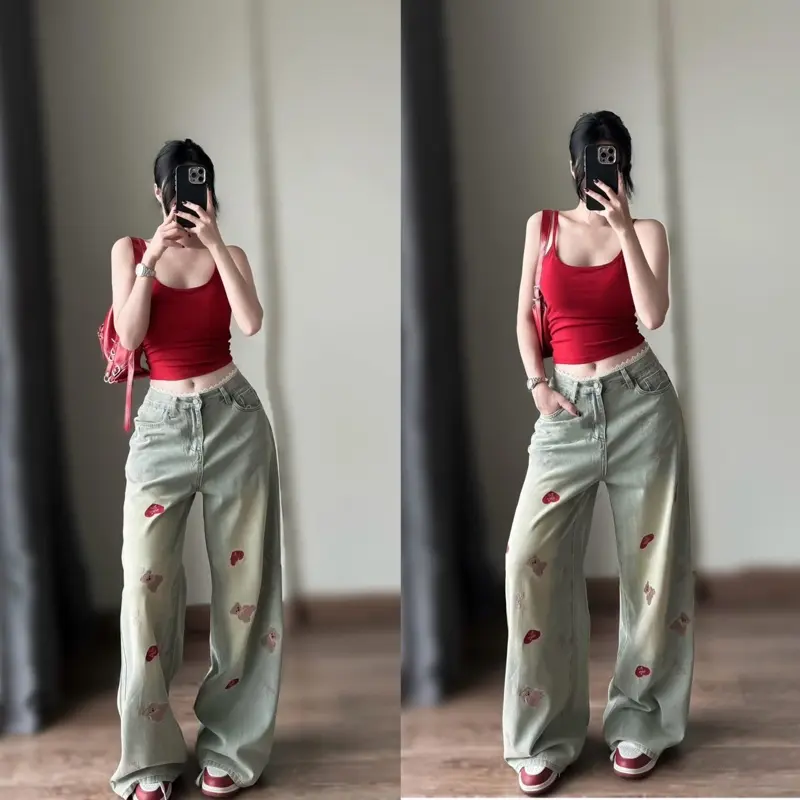 Quần jeans nữ ống suông vai qc phối thêu gấu&tym ren lưng Q1510