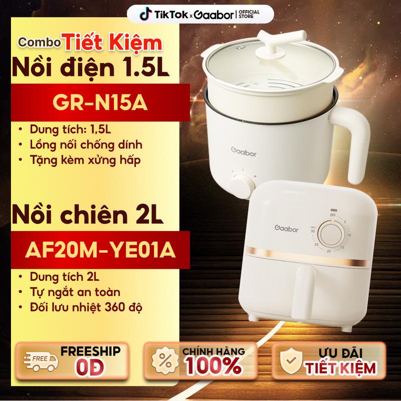 Gaabor | Combo Tiết kiệm | Nồi diện đa năng GR-N15A dung tích 1.5 lít lòng nồi 1.3 lít 600W & Nồi chiên không dầu AF20M-YE01A dung tich 2 lít 900W lòng nồi phủ lớp chống dính tiện lợi Nấu ăn