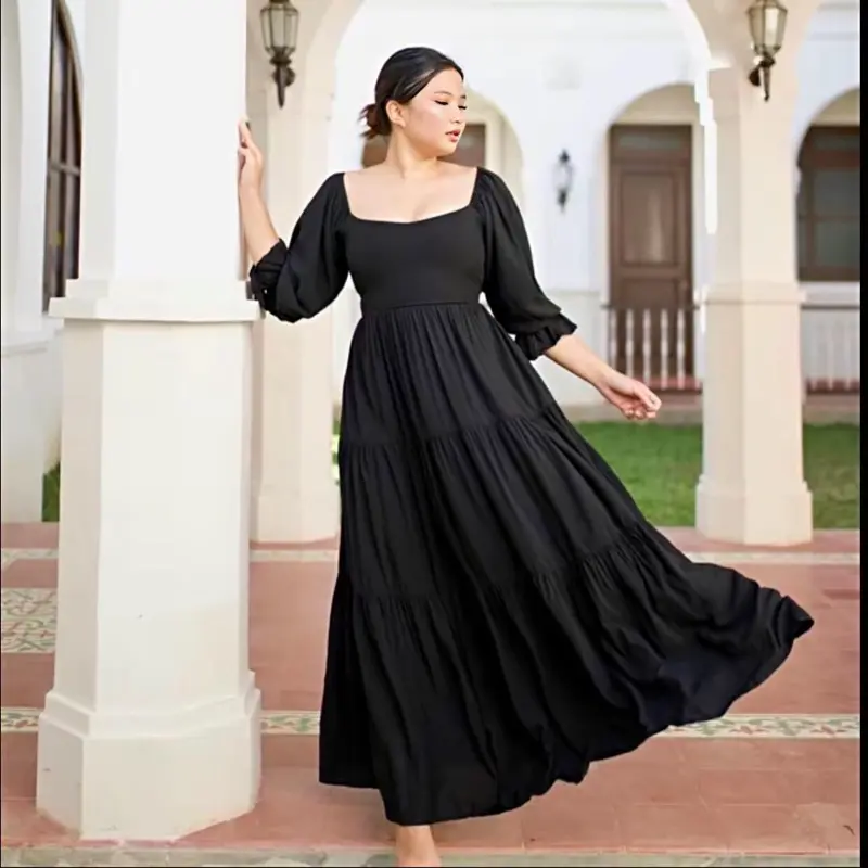 Long Dress MAURI Dress Wanita Sabrina Korea Style Dress A Line Maxi Jumbo Polos A-Line Santai Jalan Manis Lembut Casual Katun Nyaman Hitam Panjang