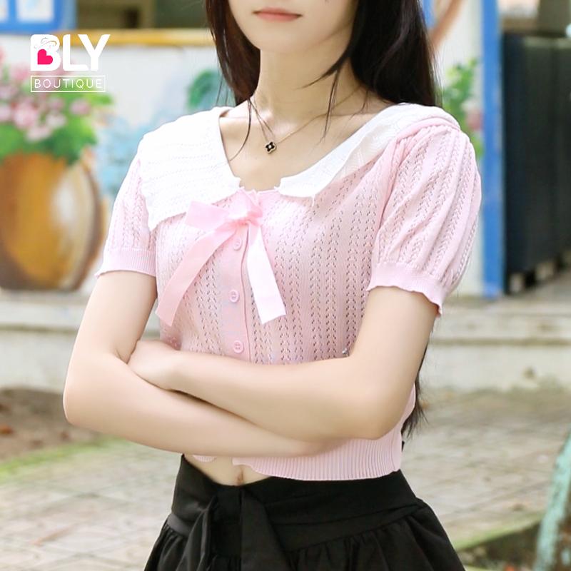 Áo Cổ Bướm Tiểu Thư, Chất Len Mỏng Nhẹ Cổ Bẻ Có Kèm Nơ Ruy Băng Thời Trang Nữ Nhẹ Nhàng Women Kem Top