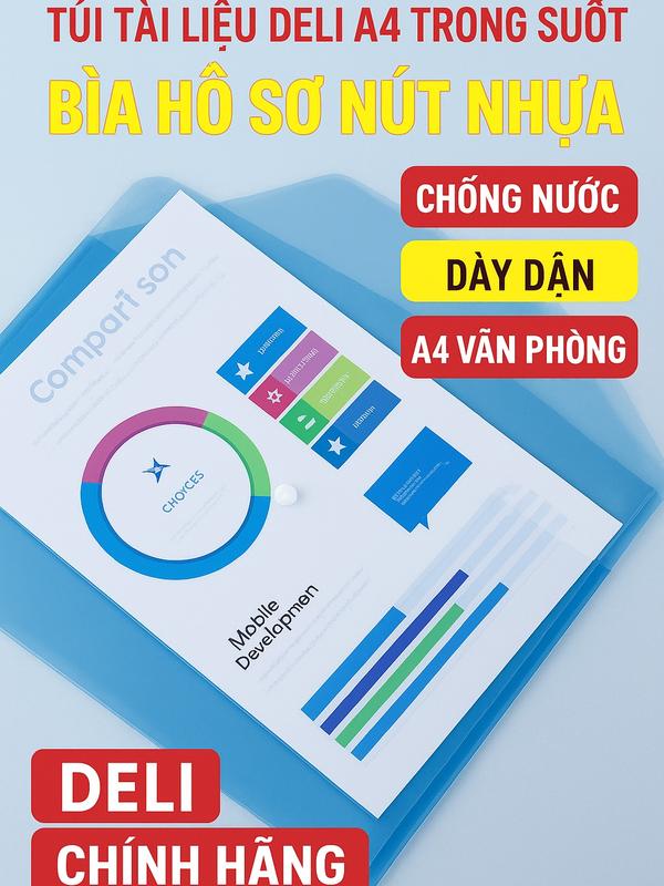 Túi Tài Liệu Deli A4 – Bìa Hồ Sơ Nút Nhựa Trong Suốt Dày Dặn Chống Nước – Gói 10 Cái