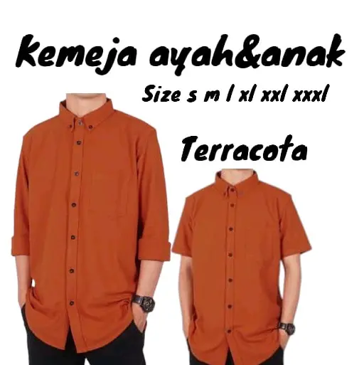 kemeja polos couple ayah dan anak laki laki warna terracota lengan pendek dan panjang katun keluarga