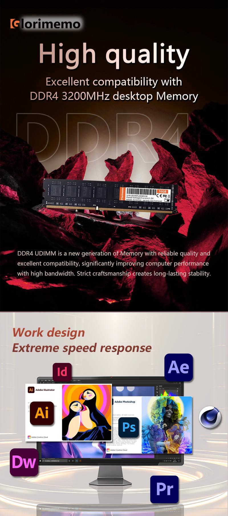 Product Introduction of Glorimemo RAM DDR4 16GB 3200MHz 2PC Desktop computer Dual channel 3200MHz DDR4 DIMM Memoria Ram ddr4 Desktop Memory Rams DDR4 Dual channel 2PC 1