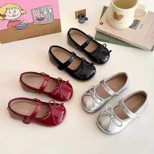 Sepatu Kulit Anak Perempuan Terbaru Flat Berhiaskan Pita Warna Merah dan Hitam Size 23-33 Insole 14,8-20,4 cm