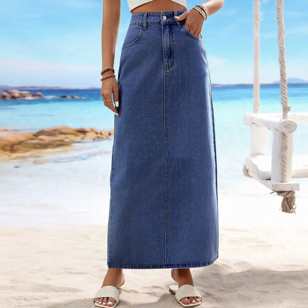 Skirt Muslimah Fashion Pocket Stretchable Comfortable Wear Wanita Maxi Jeans Skirt