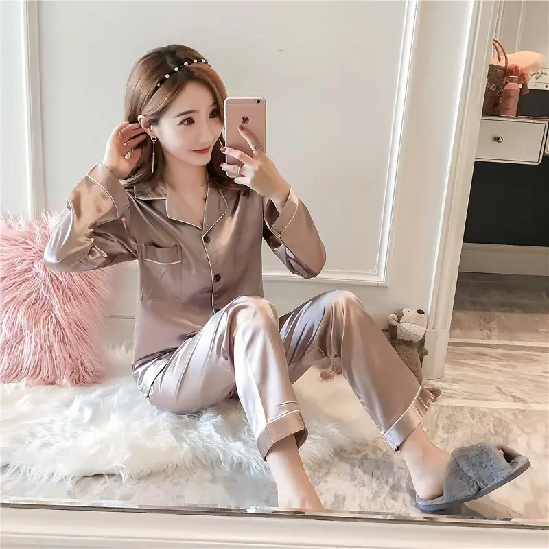 Bộ Đồ Ngủ Cho Nữ, Bộ Đồ Ngủ Hai Mảnh, Chất Liệu Lụa Lạnh Dài Tay, Phong Cách Gợi Cảm, Đồ Mặc Ở Nhà