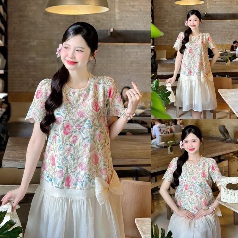  Đầm bầu Tết Vichy hoa tulip thêu phối nơ đuôi cá cổ bèo điệu đà cho Mẹ mang đi tiệc đám cưới ngày lễ Tết 
