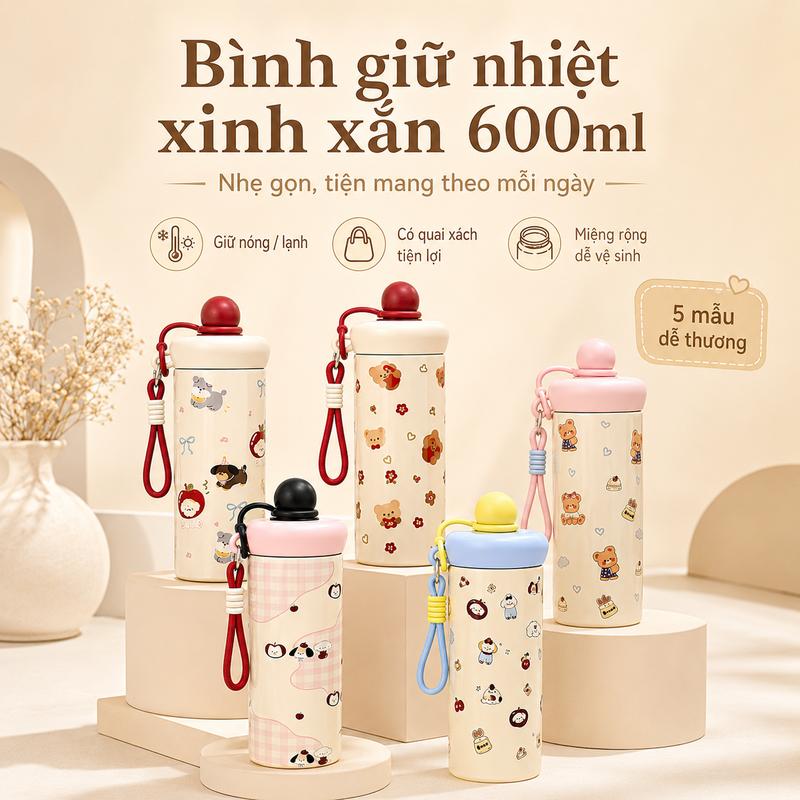 Cốc giữ nhiệt bằng thép không gỉ cấp thực phẩm 316, mẫu mới thiết kế hình cartoon dễ thương, phù hợp với phong cách nữ tính cao cấp, dùng cho văn phòng, học tập và đi học