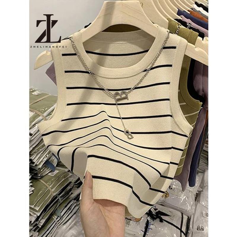 Áo dệt kim không tay kẻ sọc lưng cao quyến rũ thời trang cho nữ (gửi Vòng cổ)