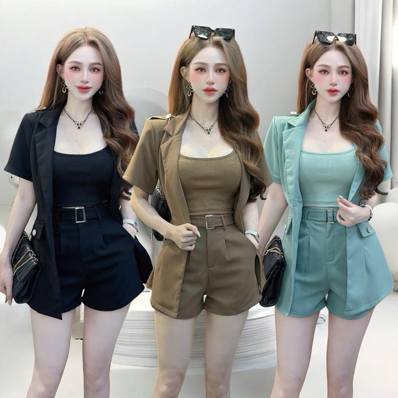 Set quần áo CRAZYTEEN S6034 gồm áo kiểu vest tay ngắn và quần short để đi chơi ( Áo vest/ Quần short/ Dây belt/ Áo dây ) set đồ sang chảnh nữ