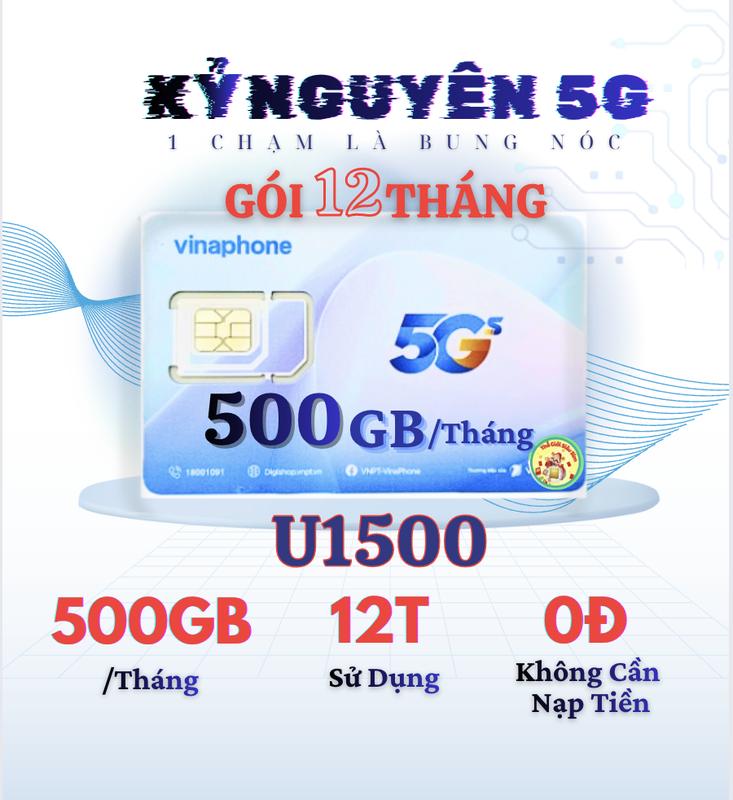 Voucher Độc quyềnn Gói U1500 - 500GB Tháng - Miễn phí 6.000 GB cho 1 năm Sử Dụng – Sim Data 4G 5G Vinaphone - phù hợp lắp vào thiết bị phát wifi điện thoại camera màn hình oto để truy cập Internet