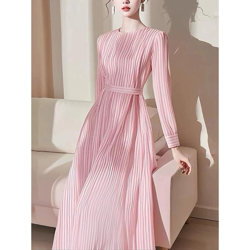 Product Introduction of LUXME 【ready stock】 Gaun Wanta Rok Panjang Lengan Panjang Lipatan Bergaris Warna Pink 3