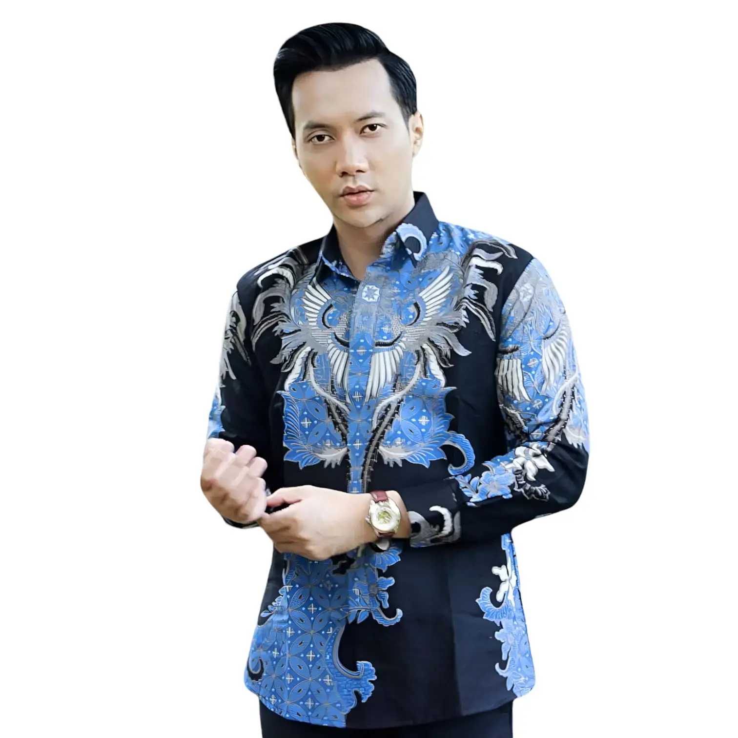 Batik Ranggalawe Biru Pria Katun Baju Biru Hitam Panjang Cowok Formal Nyaman Motif Santai Hem Kantor Pendek Kerja Casual   Slimfit