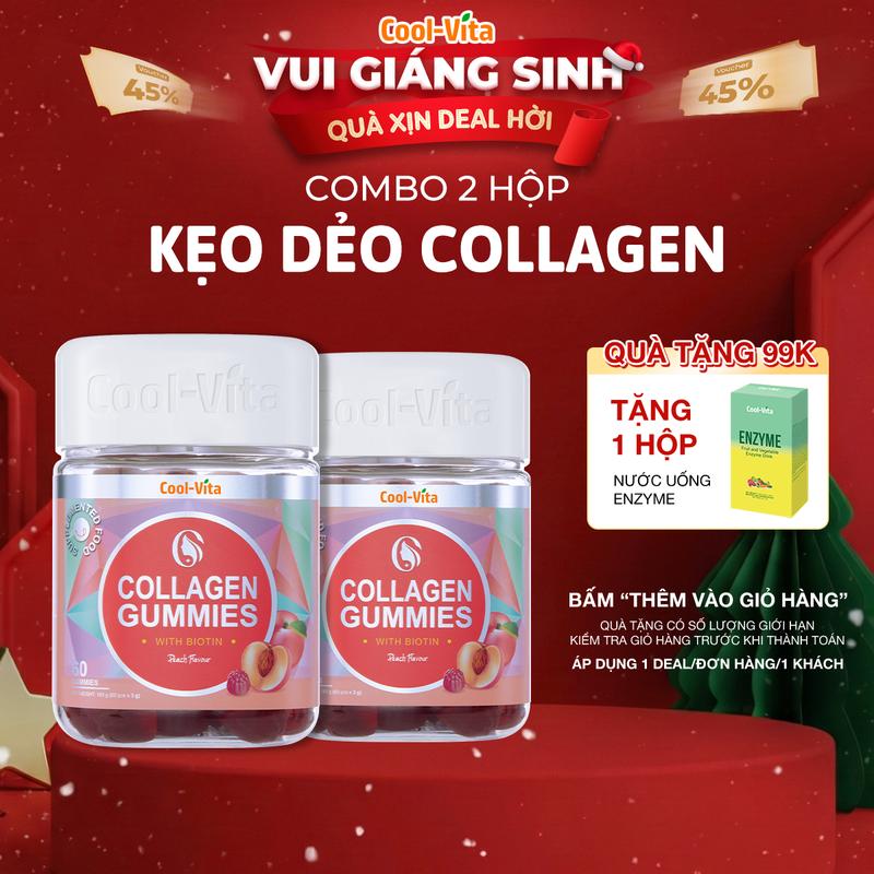 Live Combo 2 Hộp Kẹo Dẻo Collagen Hỗ Trợ Trẻ Hóa Sáng Da - Cải Thiện Sức Khỏe Tóc Móng Vị Đào Kết Hợp Biotin Vitamin C & Vitamin E Coolvita 60 viên x 3g hộp
