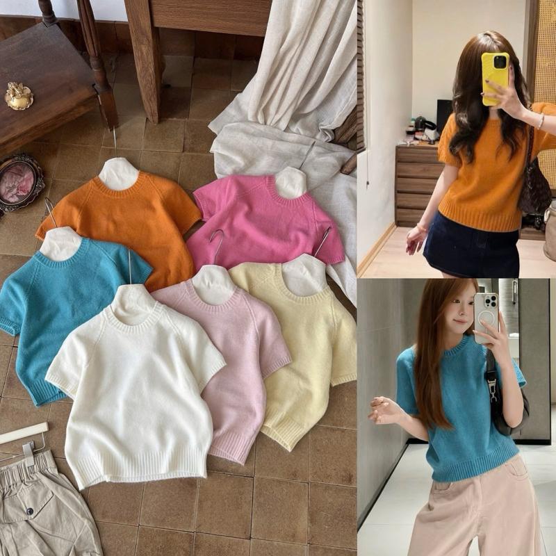 Áo len cổ tròn cộc tay tag EGG chất len mềm mịn E20 - Nữ