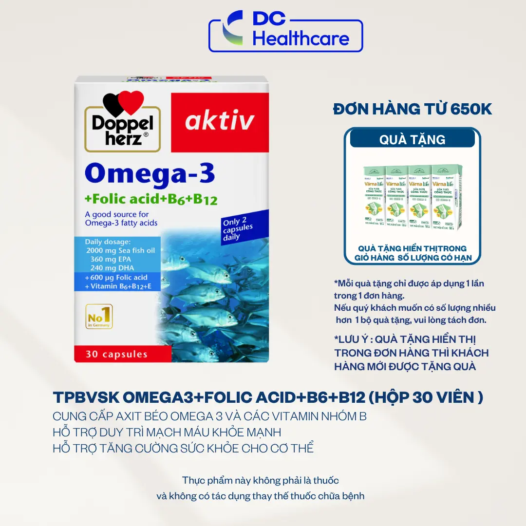 OMEGA 3 ĐỨC NHẬP KHẨU TPBVSK Doppelherz Omega-3 Dầu Cá Hộp 30 viên Hỗ trợ bổ sung DHA, EPA, Acid Folic, B6, B12 dành cho người lớn Hàng nhập khẩu chính hãng