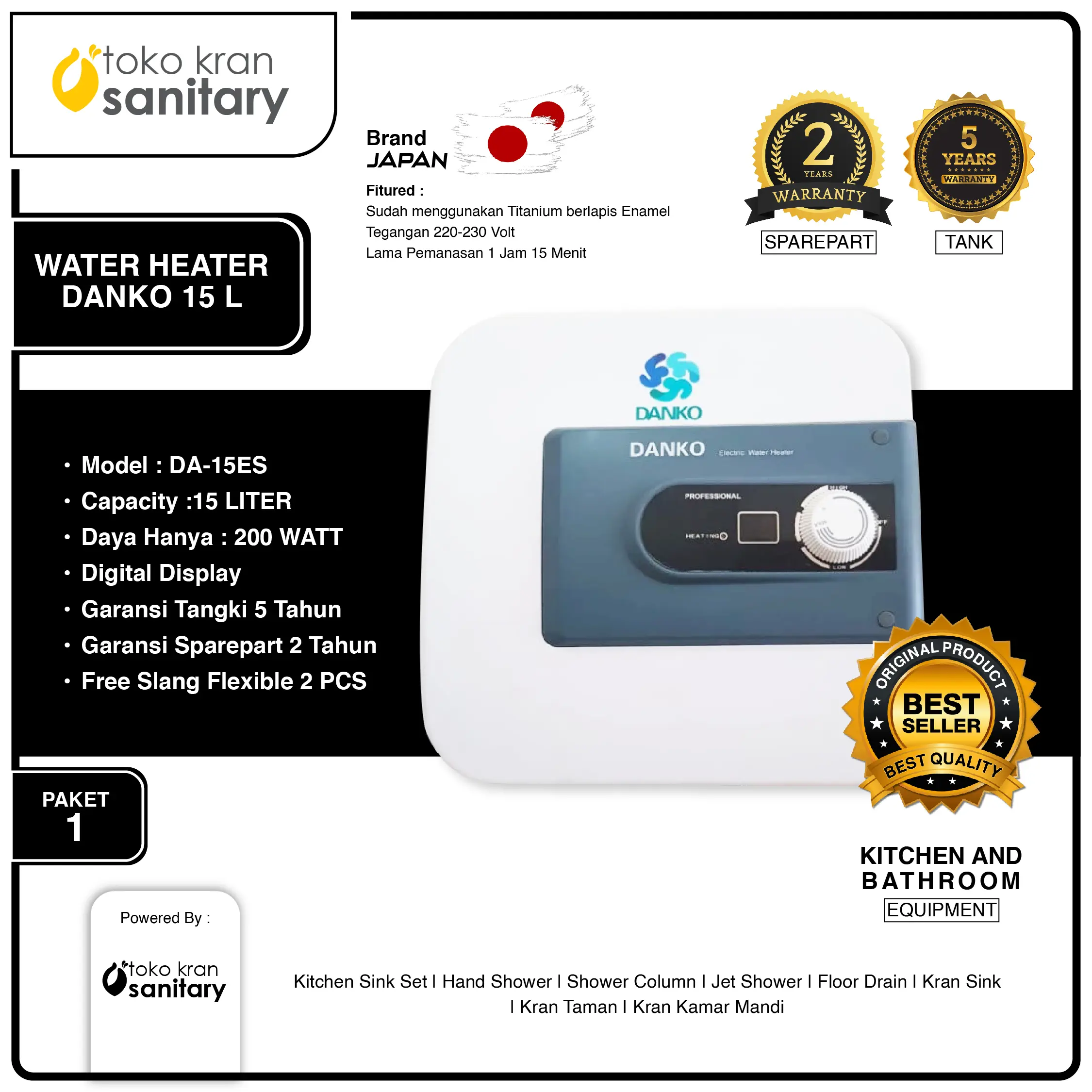 WATER HEATER 15 L DANKO/WATER HEATER/PEMANAS AIR HANGAT/WATER HEATER+KRAN BATHUB/WATER HEATER+SHOWER TIANG
