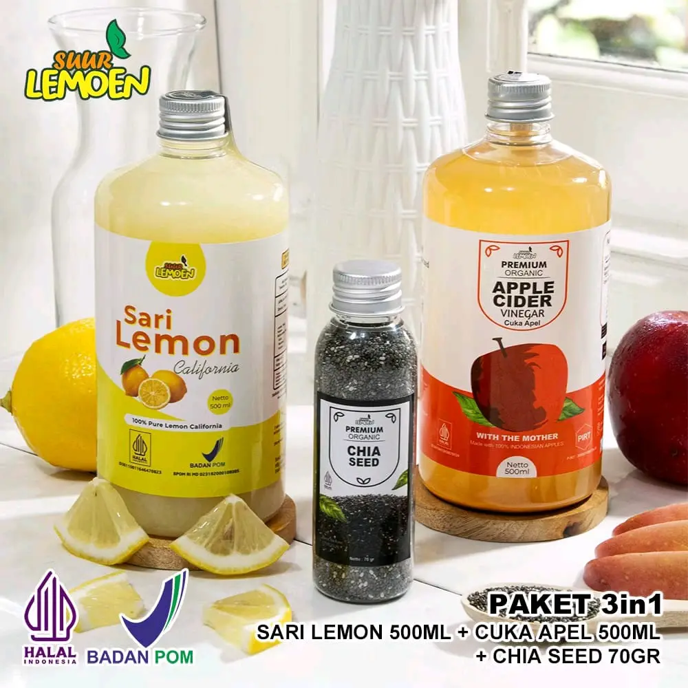 PROMOSI PAKET HEMAT_SUUR LEMOEN PAKET CUKA APEL 500 ML + SARI LEMON 500 ML + CHIA SEEDS 70 GR
