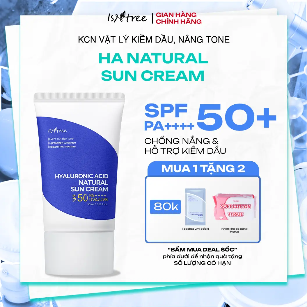 [Tặng 1 Hộp khăn khô 80pcs+1 Sachet 2ml] Kem chống nắng vật lý nâng tone nhẹ nhàng Isntree Hyaluronic Acid Natural Sun Cream 50ml
