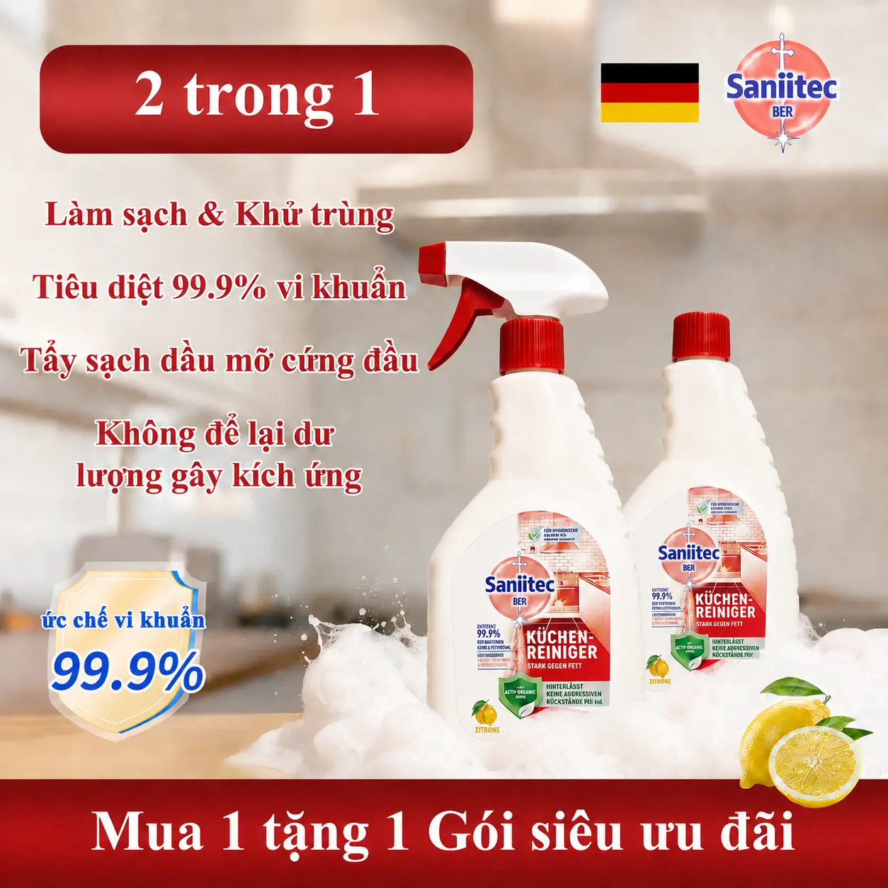 【MUA 1 TẶNG 1】 2 chai kèm 1 đầu xịt Nước Rửa Bếp Saniitec 500ml Diệt 99.9% Vi Khuẩn - Khử Dầu Mỡ Cứng Đầu & Mùi Hôi Hiệu Quả | Không Cặn, An Toàn Da Tay | Công Nghệ Đức - Chuyên Dụng Cho Bếp Gia Đình