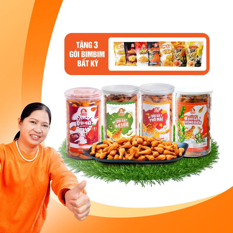 Combo TỨ ĐẠI ĐÙI GÀ gồm: 1 hũ đùi gà rong biển + 1 hũ phô mai+ 1 hũ bơ sữa +1 hũ tê cay + 3 cá cơm ngon ngọt - ĂN CÙNG BÀ TUYẾT