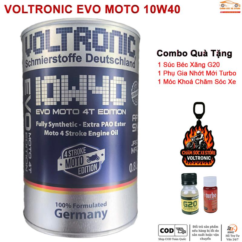 Nhớt Xe Máy voltronic EVO Moto 10w40 0.8L Nguyên Seal - Tặng Kèm 1 Súc Béc Xăng 1 Phụ Gia Nhớt Mới Xado Very Turbo Và 1 Móc Khoá Chăm Sóc Xe
