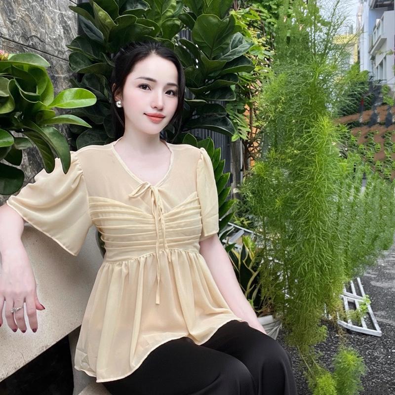 Bộ lụa xếp li tay loe dáng fom xoè che bụng tốt. Áo chiffon quần lụa latin . Freesize cho chị e 40-60kg eo dưới 80cm