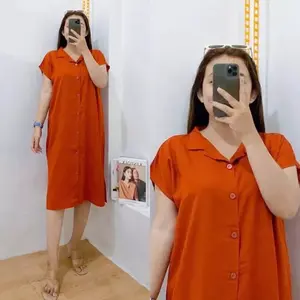Dress Midi Wanita Menyusui Rayon Polos Jumbo Kekinian Kancing Busui Lengan