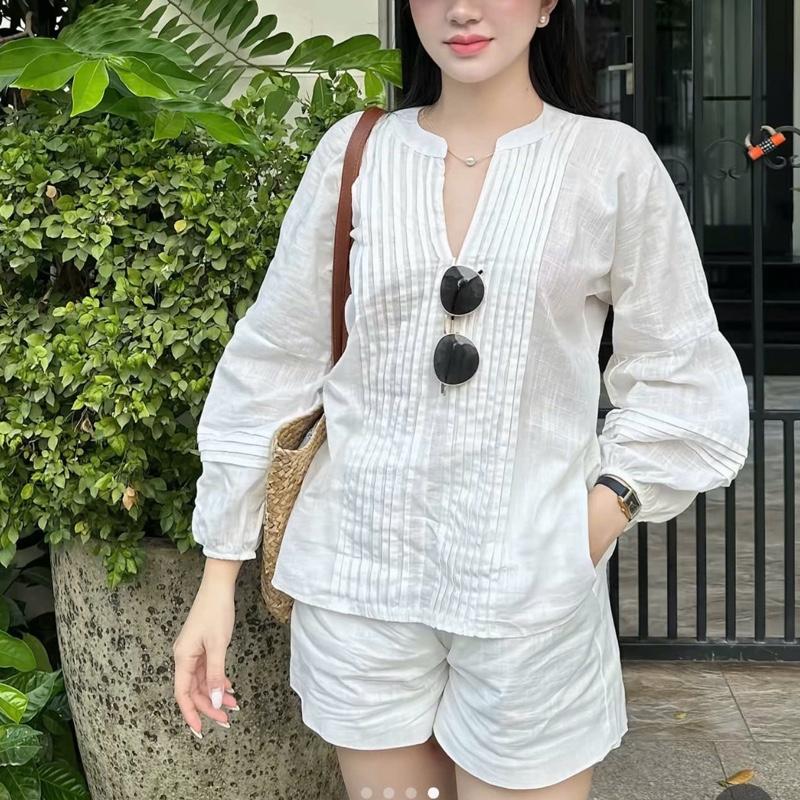 Set Áo Đũi Linen Xếp Li Tay Bồng”RIBI” Mix Quần Sooc Đũi Cạp Chun co giãn-Dành Cho Nữ 0
