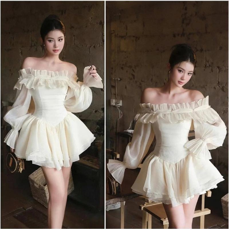   TẶNG QUẦN  SẴN  Đầm trễ vai dài tay bồng xoè siêu sinh Váy tơ đính ngọc tiểu thư công chúa HV168 