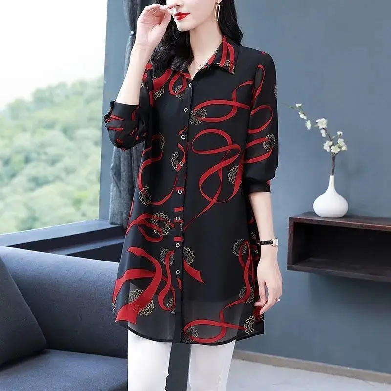 Quần Áo Cỡ Lớn Cho Mẹ, Áo Sơ Mi Voan Dài Tay Trung Bình Mới, Cao Cấp, Dáng Rộng, Giảm Béo, Mùa Xuân 2024